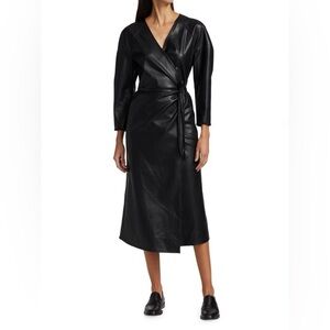 Proenza Shuler White Label Faux Leather Wrap Black Midi Dress, size 12